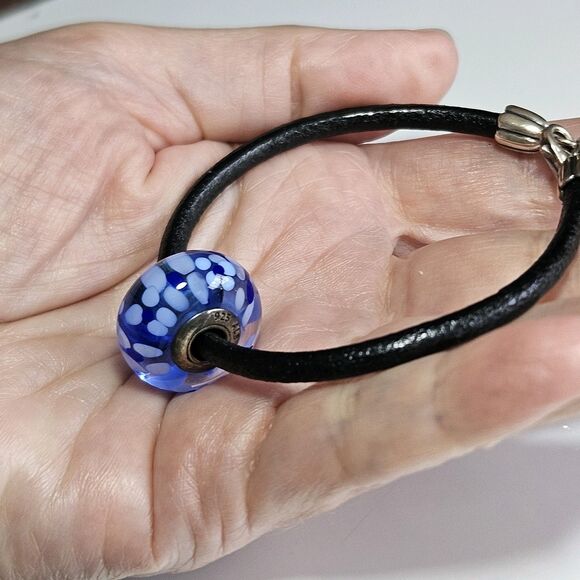 **Sale** Pandora Black Cord Bracelet W/ Large Blue Flowered Murano Glass Bead 7" - Picture 3 of 16